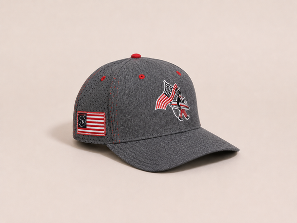 4th of July Hat 2026 — side view flat lay, embroidered American flag and LBC logo on front with red eyelets | Lost Boy Creations Key West