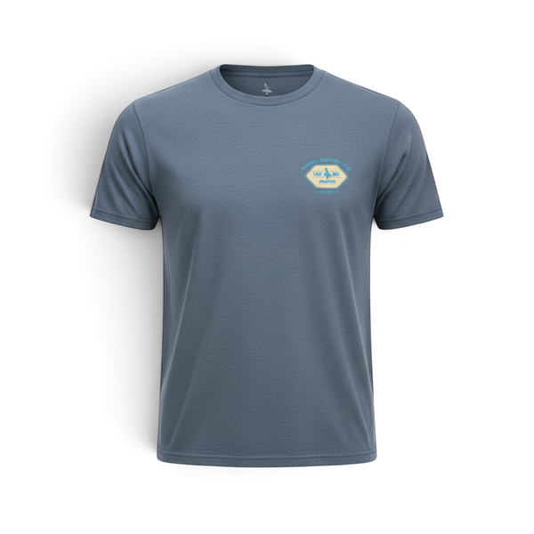 Lost Boy Creations men's indigo blue crew neck t-shirt with a small adventure-themed graphic on the chest.
