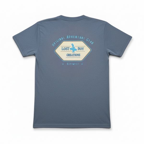 Men’s Original Adventure Gear Indigo Tee in Indigo — back view, vintage-style Original Adventure Gear logo print | Lost Boy Creations Key West