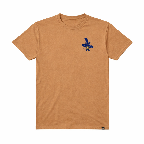 Brown t-shirt with a blue graphic on the chest 
