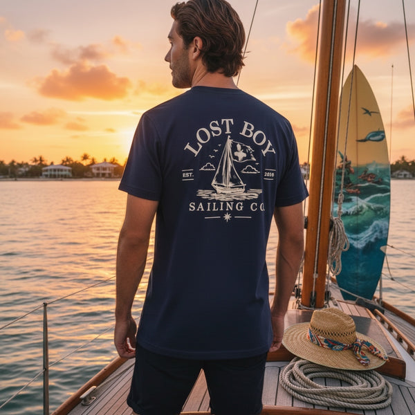 Men's Sailing Club Tee navy short sleeve tee lifestyle front view worn at coastal overlook at golden hour | Lost Boy Creations Key West