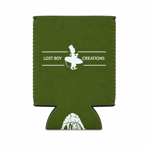 Lost Boy Koozie - Stay Salty in Olive — other side flat lay, white Lost Boy Creations surfer logo wordmark | Lost Boy Creations Key West