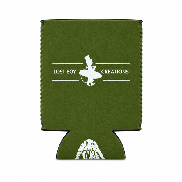 Lost Boy Koozie - Stay Salty in Olive — other side flat lay, white Lost Boy Creations surfer logo wordmark | Lost Boy Creations Key West
