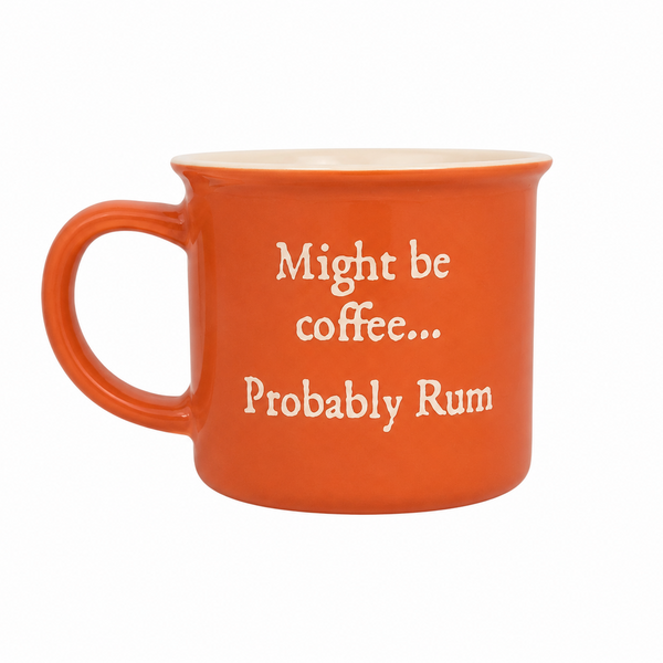 Lost Boy Creations Campfire Mug in Orange — other side, cream "Might be coffee... Probably Rum" text graphic | Lost Boy Creations Key West