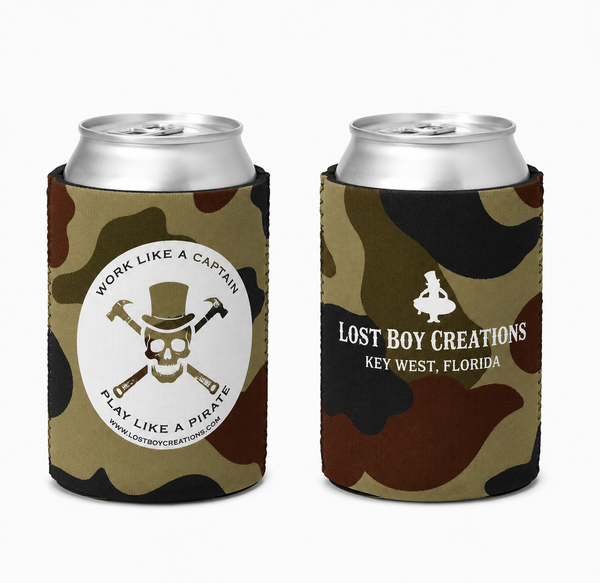 Lost Boy Koozie - Pirate 2.0 in Camo — front and back flat lay, white skull and crossbones pirate graphic | Lost Boy Creations Key West