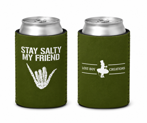 Lost Boy Koozie - Stay Salty in Olive — front and back flat lay, white Stay Salty My Friend skeleton shaka graphic | Lost Boy Creations Key West