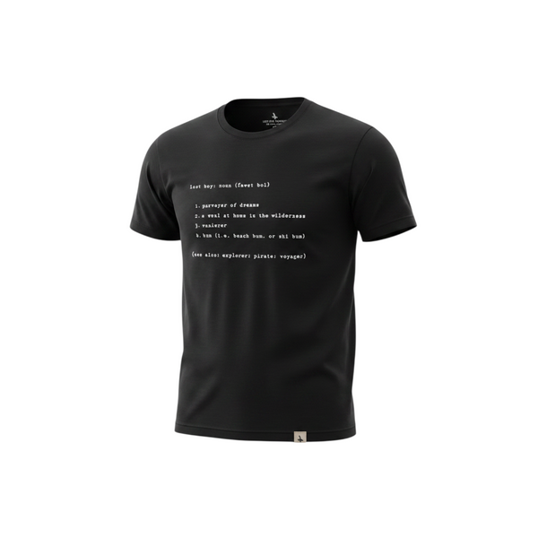 Men's Lost Boy Definition Tee black angled front view with Lost Boy dictionary definition graphic print | Lost Boy Creations Key West