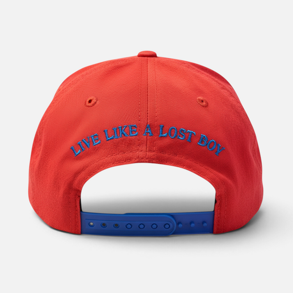 Tomato Soup Hat in Rustic Red — back view, blue “Live Like A Lost Boy” embroidery and blue snapback closure | Lost Boy Creations Key West