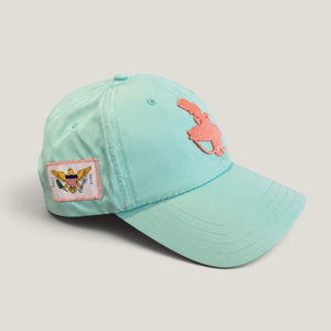 Flamingo Flats Low-Pro Hat mint low-profile snapback side view with coral flamingo silhouette embroidery and Virgin Islands flag patch | Lost Boy Creations Key West