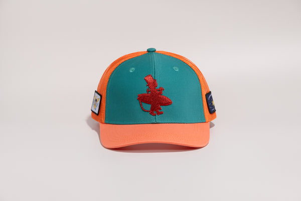 Coral Reefer high crown 6-panel trucker hat front view with bold orange embroidered Lost Boy Creations logo orange brim and orange mesh back | Lost Boy Creations Key West