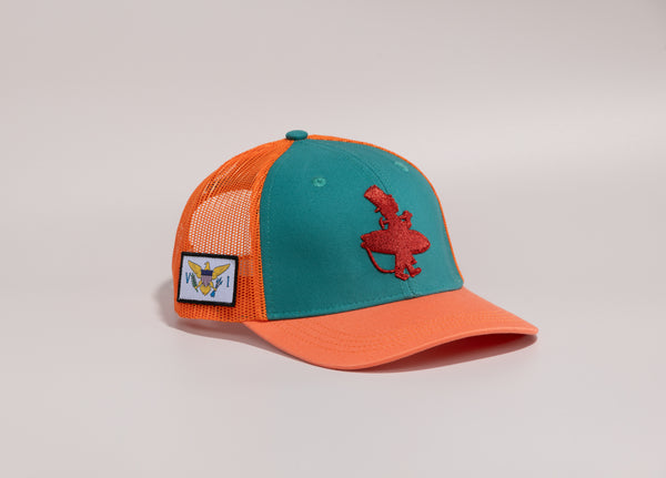 Coral Reefer high crown 6-panel trucker hat with bold orange embroidered Lost Boy Creations logo orange brim and orange mesh back side view with Virgin Islands flag patch | Lost Boy Creations Key West