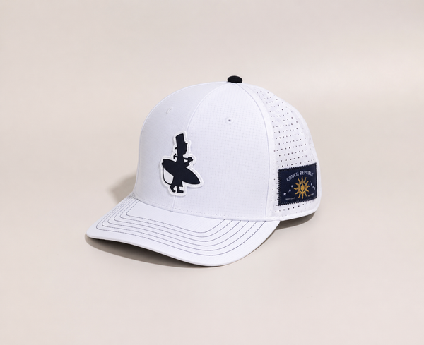 LBC Golf Hat in White — left angle view showing Conch Republic patch | Lost Boy Creations Key West
