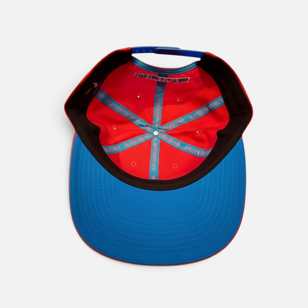 Tomato Soup Hat in Rustic Red — interior view, red crown, blue brim, and branded seam tape | Lost Boy Creations Key West