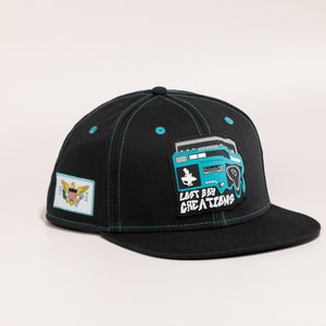 Ghetto Blaster high crown all fabric snapback hat side view with rubber boombox logo on front and Virgin Islands flag patch | Lost Boy Creations Key West