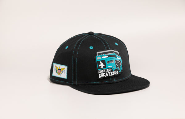 Ghetto Blaster high crown all fabric snapback hat side view with rubber boombox logo on front and Virgin Islands flag patch | Lost Boy Creations Key West