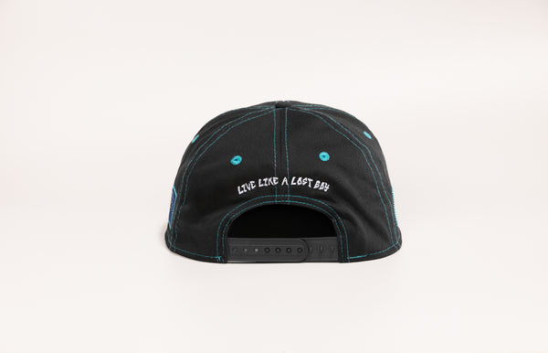 Ghetto Blaster high crown all fabric snapback hat back view with contrast stitching and white "Live Like a Lost Boy" embroidery on keyhole and snapback closure | Lost Boy Creations Key West