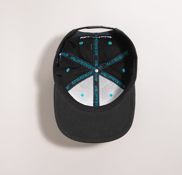 Ghetto Blaster high crown all fabric snapback hat underside view showing black underbrim and #LiveLikeALostBoy crown taping | Lost Boy Creations Key West