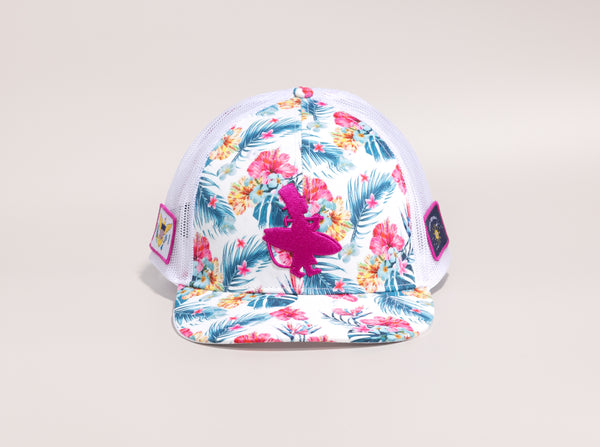 Floral-patterned cap with a pink logo