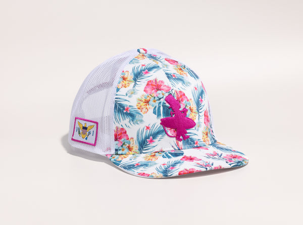 Floral-patterned cap with a pink logo 