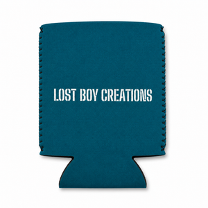 Lost Boy Koozie - Lost Boy Noun in Deep Teal — back flat lay, white Lost Boy Creations wordmark | Lost Boy Creations Key West