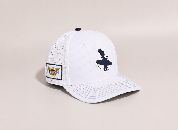 LBC Golf Hat in White — front view showing navy Lost Boy Creations rubber patch, USVI patch on right side | Lost Boy Creations Key West
