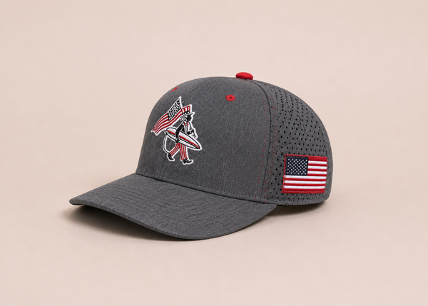 4th of July Hat 2026 — opposite side view flat lay, embroidered American flag detail with red eyelets | Lost Boy Creations Key West