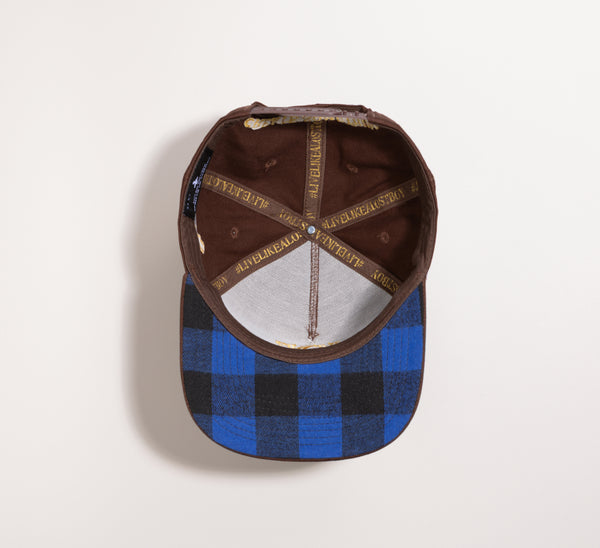 Joe Samba Collaboration hat underside view showing blue flannel pattern underbrim and #LiveLikeALostBoy crown taping | Lost Boy Creations Key West