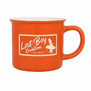 Lost Boy Creations Campfire Mug in Orange — logo side, cream Lost Boy Creations Key West logo graphic | Lost Boy Creations Key West