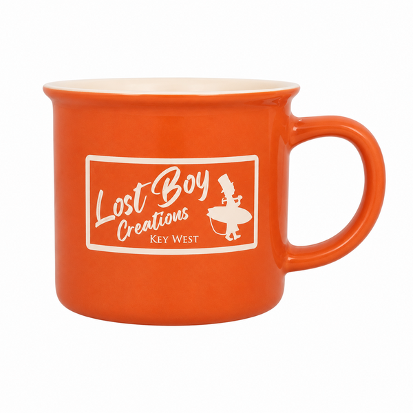 Lost Boy Creations Campfire Mug in Orange — logo side, cream Lost Boy Creations Key West logo graphic | Lost Boy Creations Key West