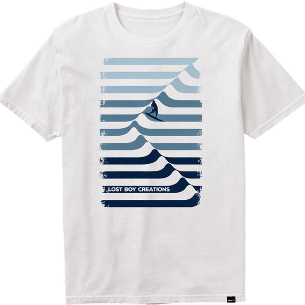 Men's Blues Colorway Oatmeal Tee in Oatmeal — front flat lay, large wave and surfer graphic | Lost Boy Creations Key West