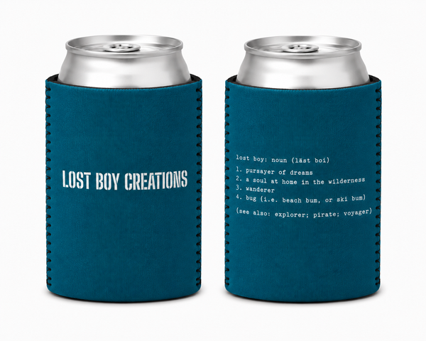 Lost Boy Koozie - Lost Boy Noun in Deep Teal — front and back flat lay, white Lost Boy Creations wordmark and Lost Boy Noun dictionary definition graphic | Lost Boy Creations Key West