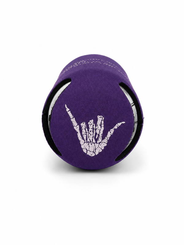 Lost Boy Koozie - Lost Girl Noun in Purple — underview, white skeleton shaka graphic | Lost Boy Creations Key West