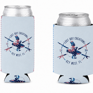 Lost Boy Koozie - Floral in Light Blue — slim can and standard can side-by-side with cans inserted, floral surfer logo, pink and blue stitching | Lost Boy Creations Key West