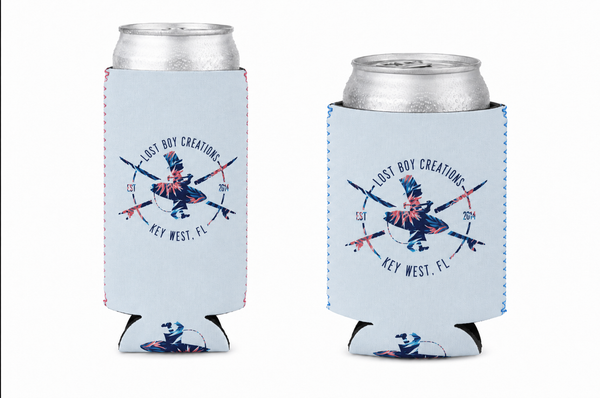 Lost Boy Koozie - Floral in Light Blue — slim can and standard can side-by-side with cans inserted, floral surfer logo, pink and blue stitching | Lost Boy Creations Key West