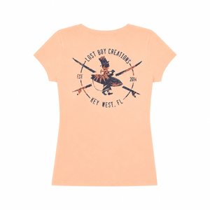Women's Floral Surfer Tee in Melon — back flat lay, full-color floral graphic across back | Lost Boy Creations Key West
