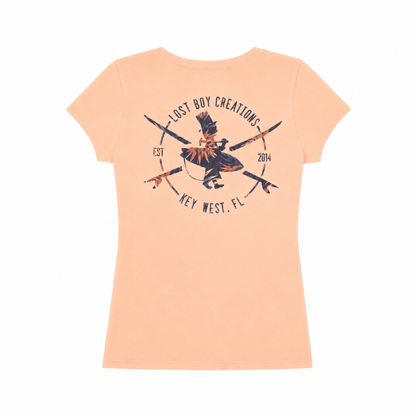 Women's Floral Surfer Tee in Melon — back flat lay, full-color floral graphic across back | Lost Boy Creations Key West