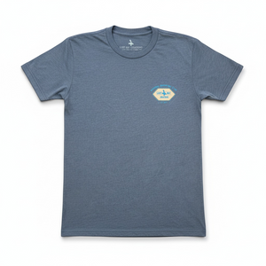 Men’s Original Adventure Gear Indigo Tee in Indigo — front view, small vintage-style Original Adventure Gear chest logo | Lost Boy Creations Key West
