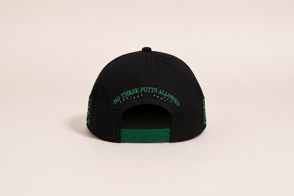 Rasta Golf Hat in Black — back view showing "No 3 Putts Allowed" embroidery | Lost Boy Creations Key West