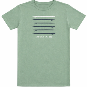Kid's Surfboard Tee in Moss Green — front view, stacked surfboard graphic with Live Like a Lost Boy text | Lost Boy Creations Key West