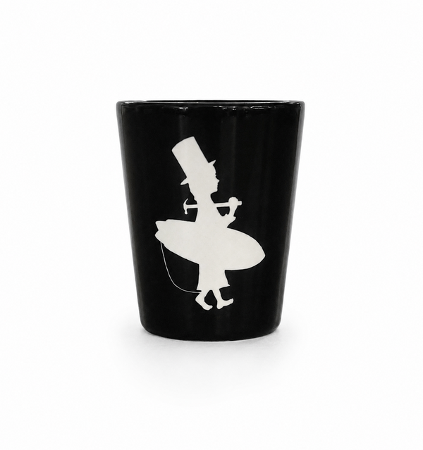 LBC Shot Glass in Black — oversized LBC silhouette logo in white on black ceramic shot glass | Lost Boy Creations Key West