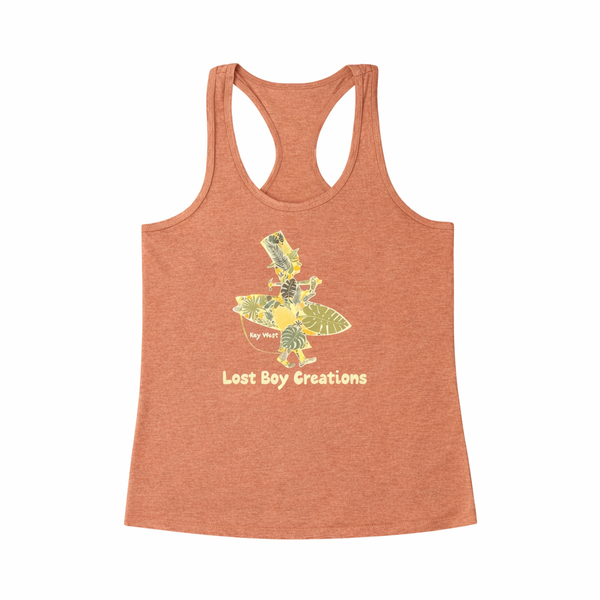 Women's Floral Racerback Tank in Salted Caramel — front flat lay, floral-filled LBC silhouette logo with Key West text | Lost Boy Creations Key West