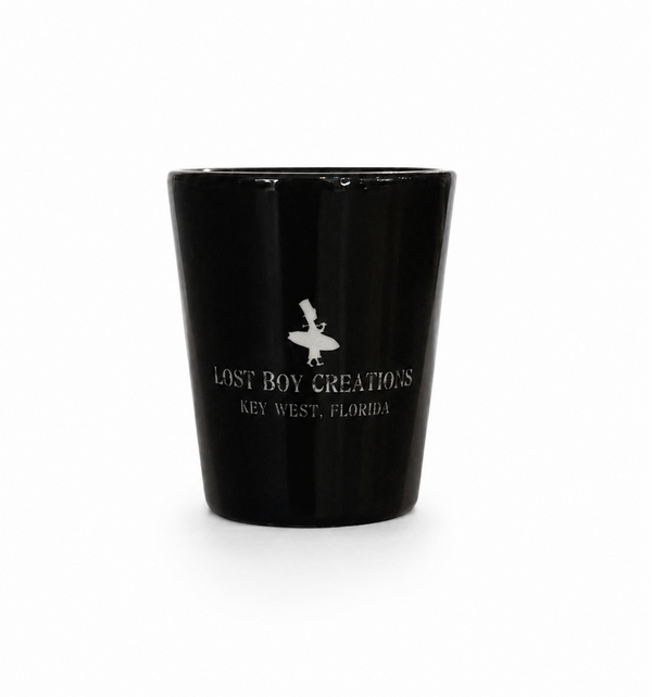 LBC Shot Glass in Black — LBC Key West logo in white on black ceramic shot glass | Lost Boy Creations Key West