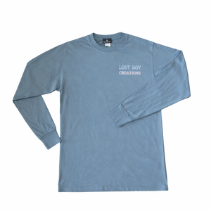 Blue long-sleeve shirt with 'Lost Boy Creations' text 