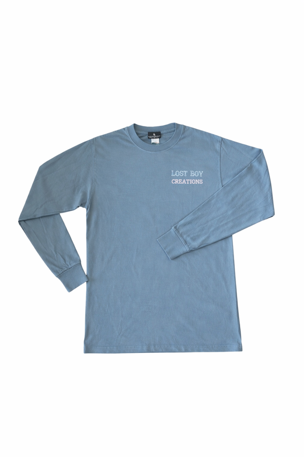 Blue long-sleeve shirt with 'Lost Boy Creations' text 
