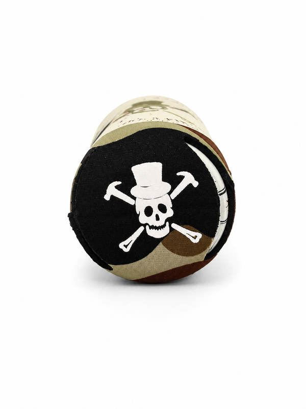 Lost Boy Koozie - Pirate 2.0 in Camo — underview, white skull and crossbones pirate graphic on black | Lost Boy Creations Key West
