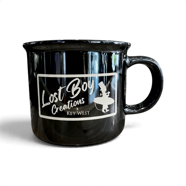 Lost Boy Creations Campfire Mug in Black Pearlescent — front product shot, glossy finish and cream Lost Boy Creations Key West logo | Lost Boy Creations Key West