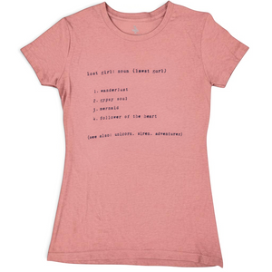 Women's Lost Girl Definition Tee in Desert Pink — front flat lay, typewriter-style Lost Girl definition graphic on chest | Lost Boy Creations Key West