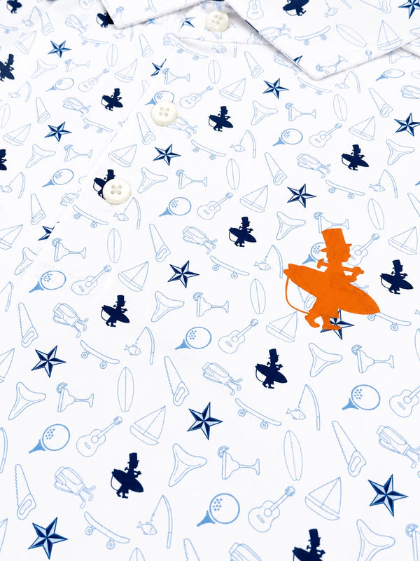 LBC Golf Polo in White — close-up of all-over Key West vibe pattern featuring orange LBC logo | Lost Boy Creations Key West