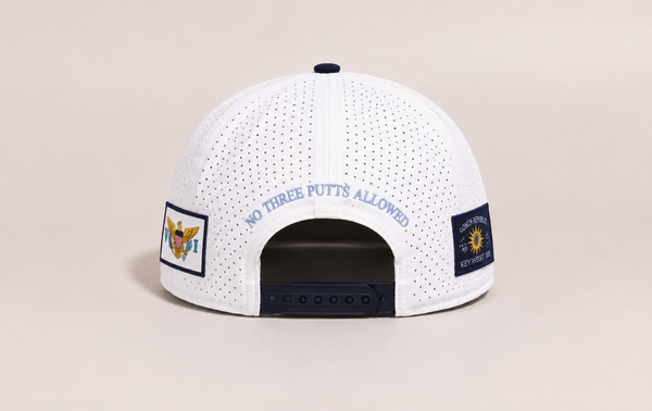 LBC Golf Hat in White — back view showing "No 3 Putts Allowed" embroidery | Lost Boy Creations Key West