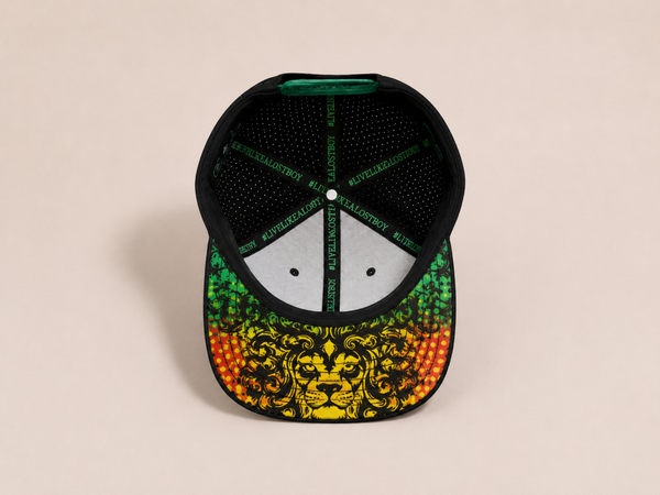 Rasta Golf Hat in Black — under brim detail showing Rasta pattern matching the Rasta Golf Polo | Lost Boy Creations Key West
